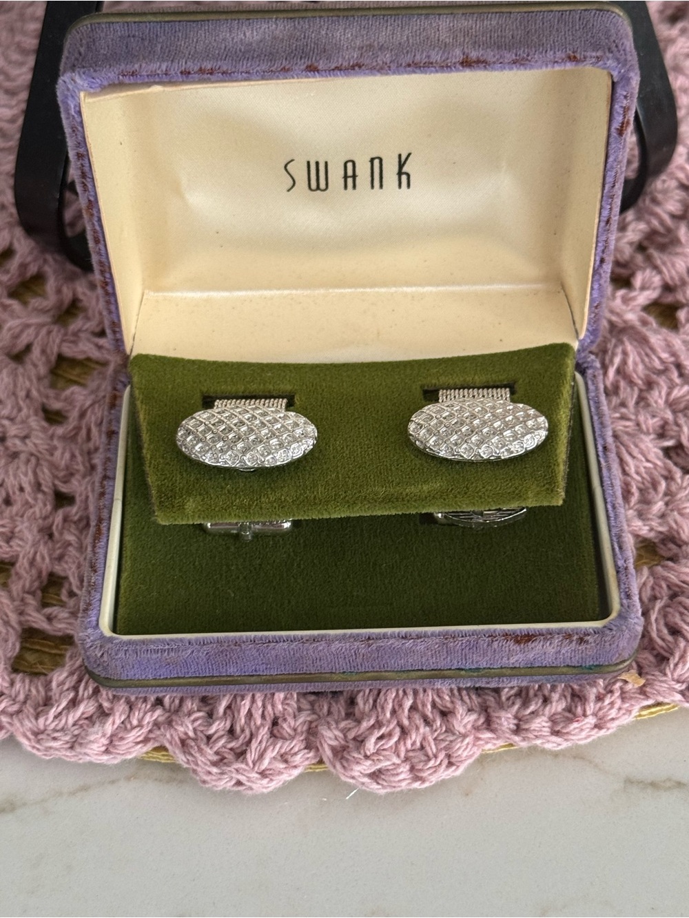 SWANK Silver-Tone Oval Crystal-Pattern Cufflinks 1960